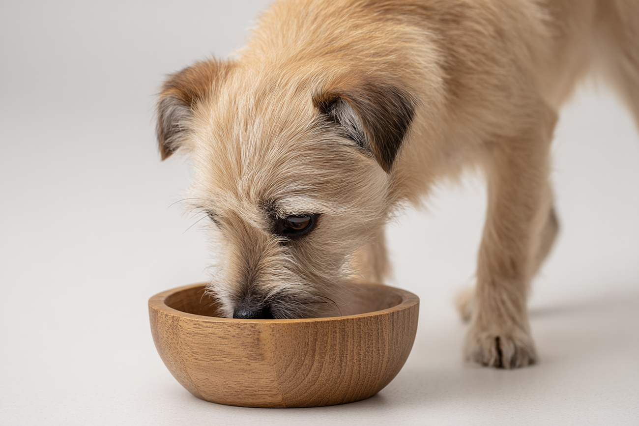 Ein junger Hund frisst aus einem Holznapf